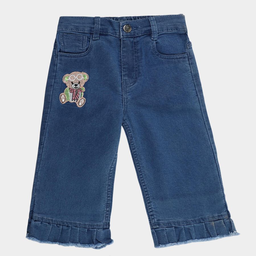 Girls' Navy Blue Regular Fit Ruffled Hem Embroidered Jeans, Mid Blue, large