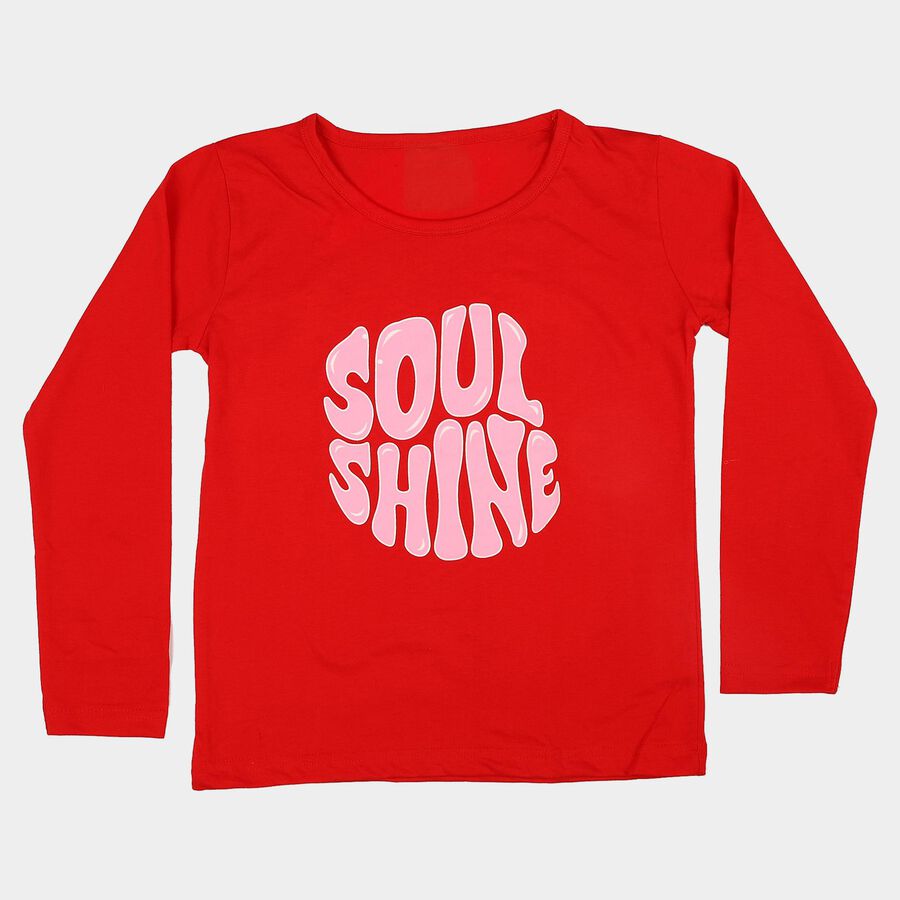 Girls Red Round Neck Regular Top, Red, large