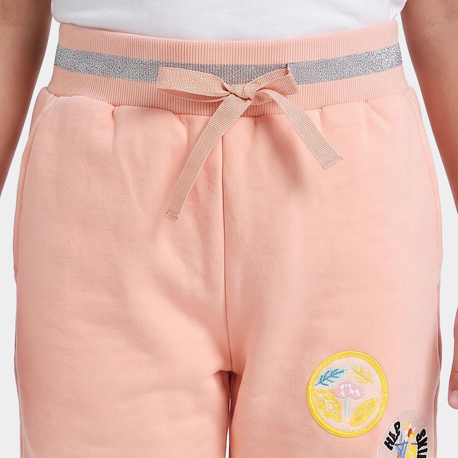 Girls' Peach Jogger Fit Bunny Applique Pyjama, पीच, large