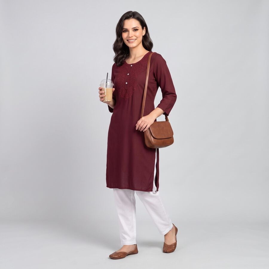 Women's Wine Round Neck Embroidered Kurta, Wine, large