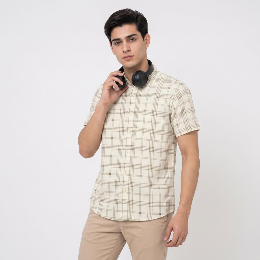 Men's Beige 100% Cotton Checked Regular Fit Casual Shirt, Beige, large