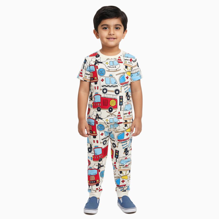 Boys' 100% Cotton Night Suit, सफ़ेद, large image number null