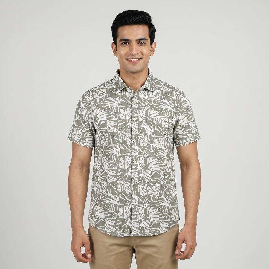 Men's Charcoal Cotton Short Sleeves Spread Collar Regular Fit Casual Shirt, चारकोल, large