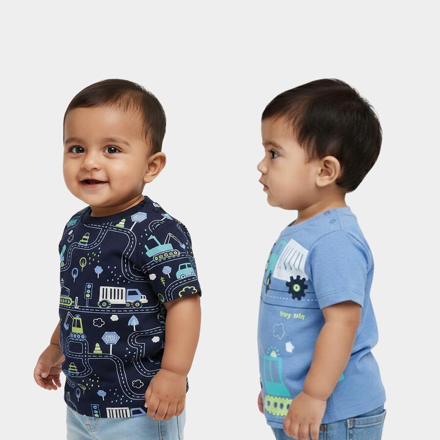 Infants' Blue Cotton Round Neck Printed T-Shirt, Mid Blue, large