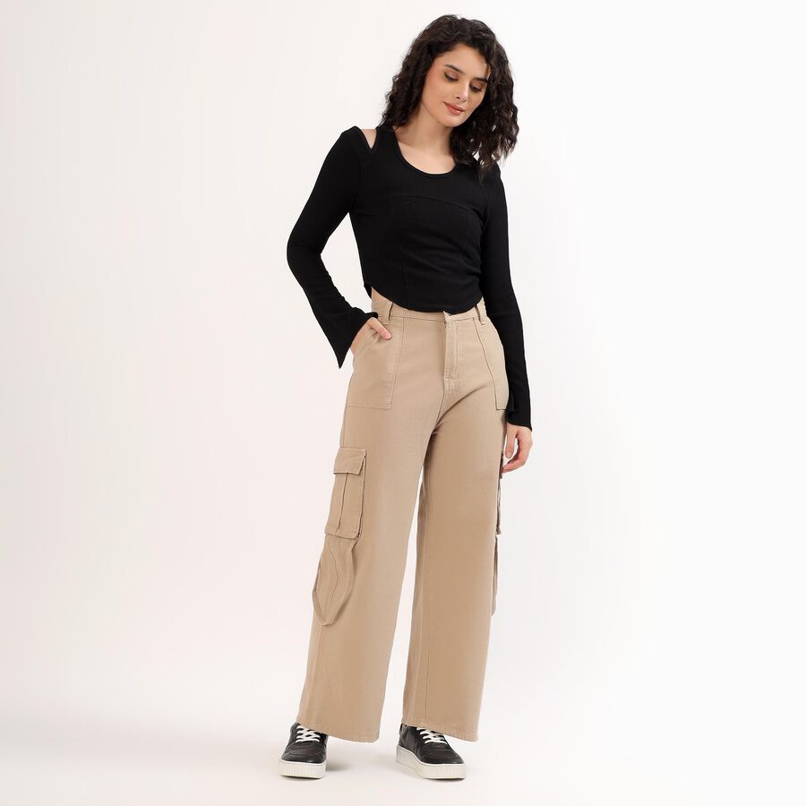 Women's Beige Wide Leg Cargo Jeans, ऑफ व्हाइट, large image number null