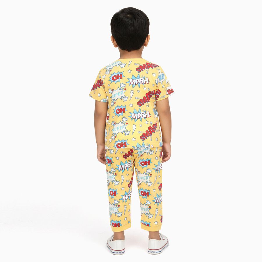 Boys Bright Yellow Cotton Round Neck Printed Night Suit, पीला, large image number null
