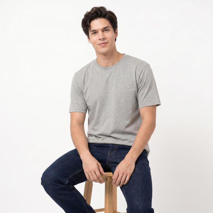 Men Grey Round Neck Regular T-Shirt, Melange Mid Grey, large