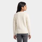 Girls' Cream Crew Neck Knitted Design Pullover, ऑफ व्हाइट, small
