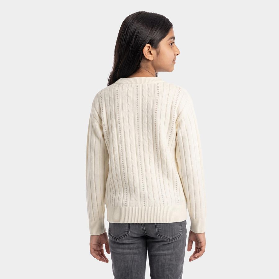 Girls' Cream Crew Neck Knitted Design Pullover, ऑफ व्हाइट, large
