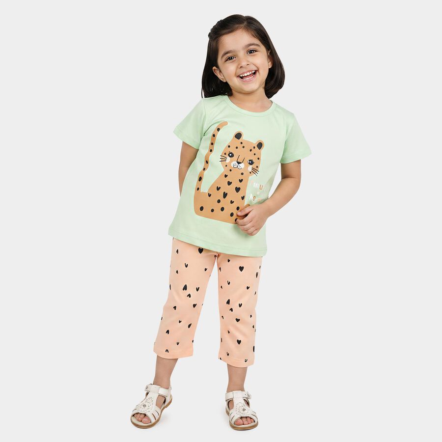 Girls Mint Green Round Neck T-Shirt Set Upper and Bottom Set, Light Green, large