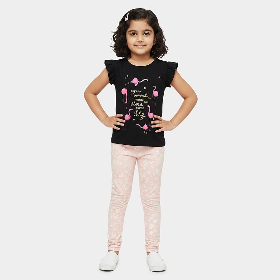 Girls' Black Cotton Round Neck Flamingo Printed Ruffle Sleeve T-Shirt, Black, large