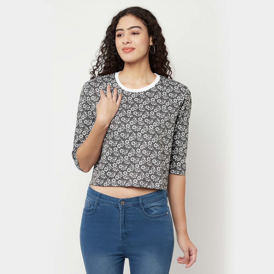 Cotton Printed Round Neck T-Shirt, Charcoal, large image number null