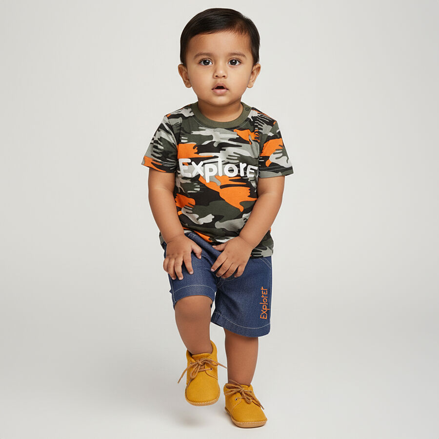 Infants' Olive Cotton Round Neck Camouflage Baba Suit, ओलिव, large