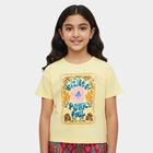 Girls' Yellow Cotton Round Neck Graphic Printed T-Shirt, पीला, small