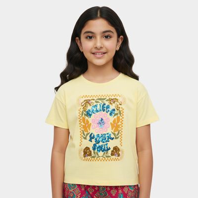 Girls' Yellow Cotton Round Neck Graphic Printed T-Shirt