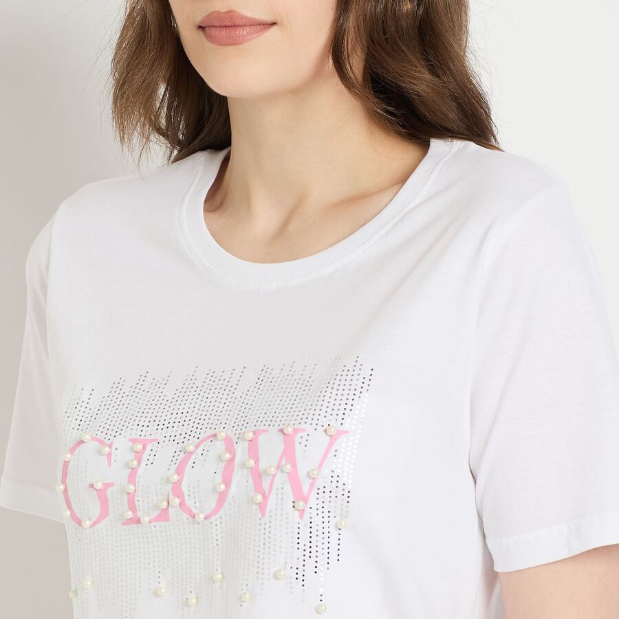 Ladies' Cotton Round Neck T-Shirt, सफ़ेद, large image number null