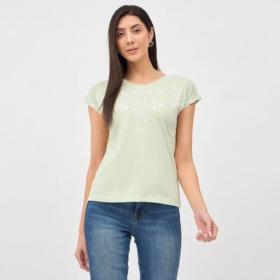 Women's Light Green Round Neck Floral T-Shirt