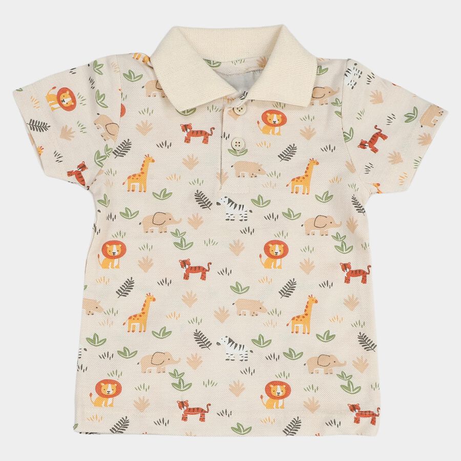Infants Beige Cotton Polo Neck Casual T-Shirt, Beige, large