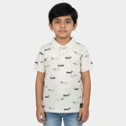 Boys' Off White Cotton Polo Collar Printed T-Shirt, Off White, small
