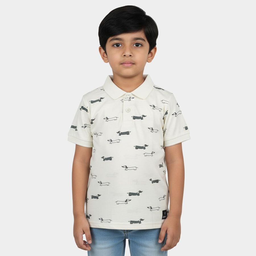 Boys' Off White Cotton Polo Collar Printed T-Shirt, Off White, large