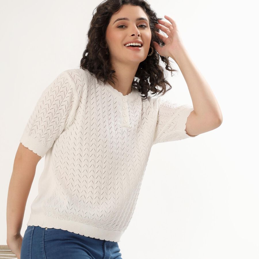 Women's Rich Eggshell White Buttoned Round Neck Casual Top, सफ़ेद, large