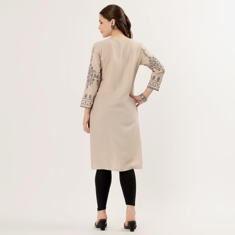 Women's Beige Round Neck Printed Kurta, गहरा पीला, large