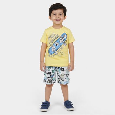 Boys' Yellow Cotton Round Neck Graphic Baba Suit