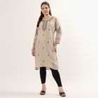 Women's Beige Round Neck Printed Kurta, गहरा पीला, small
