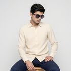 Men's Cream Cotton Long Sleeve Collar Shirt, Off White, small