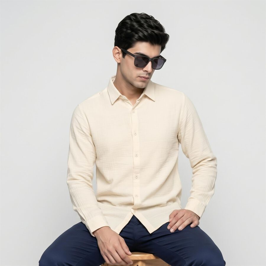 Men's Cream Cotton Long Sleeve Collar Shirt, Off White, large