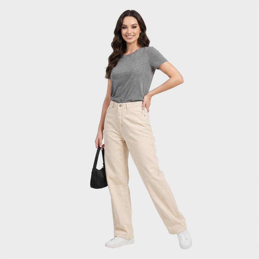 Women's Cream Straight Fit Classic Five-Pocket Jeans, ऑफ व्हाइट, large