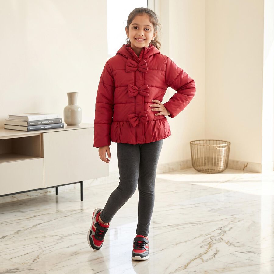 Girls Red Hooded Puffer Jacket, Wine, large