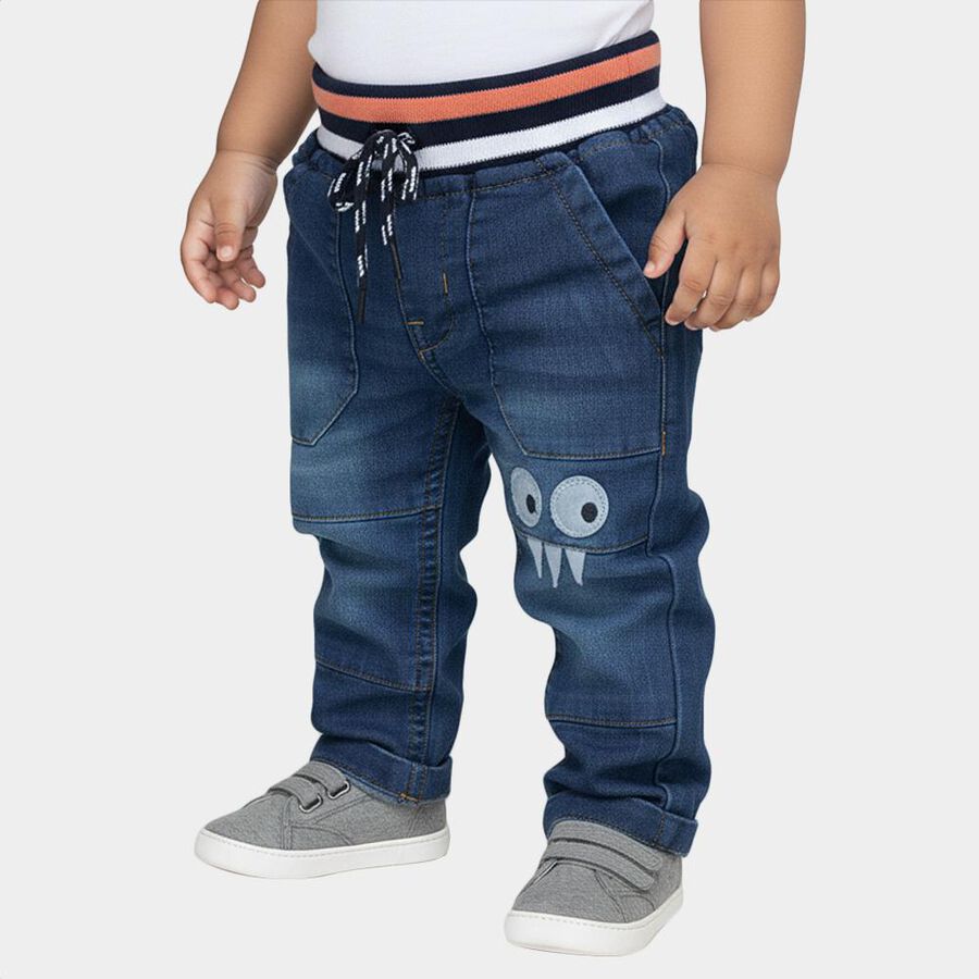 Infants Dark Blue Regular Fit Cartoon Patch Jeans, मध्यम नीला, large image number null