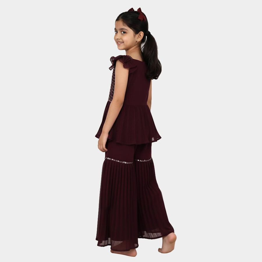 Girls Deep Maroon Sleeveless Embroidered Top and Sharara Fusion Set with Dupatta, Wine, large image number null
