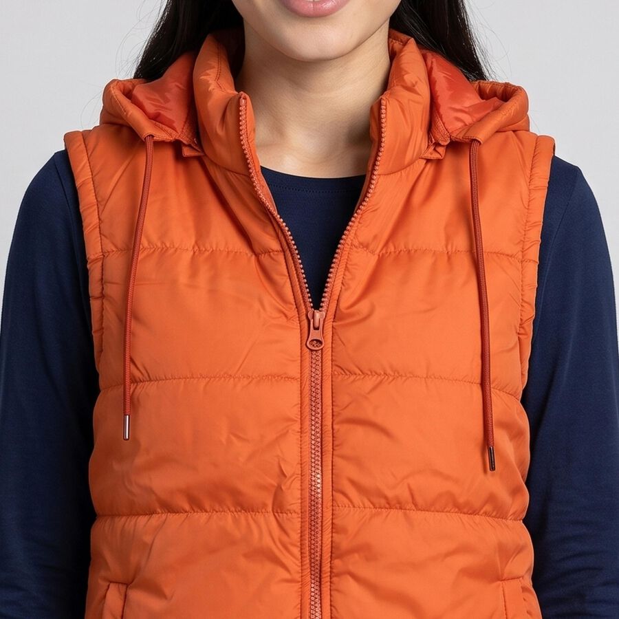 Women's Orange Hooded Puffer Jacket, Rust, large