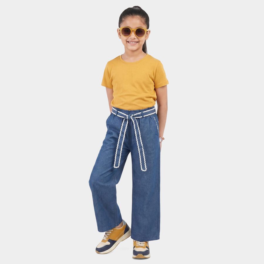 Girls' Blue Wide Leg Tie-Up Jeans, गहरा नीला, large
