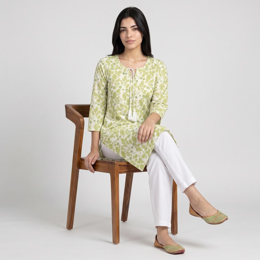 Women's Green Keyhole Neck Printed Straight Kurta, हल्का हरा, large