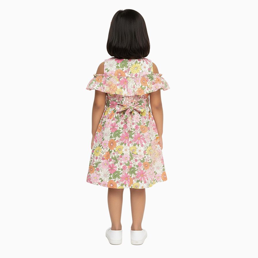 Girls' Multicolor Floral Cold Shoulder Cotton Frock, Off White, large image number null