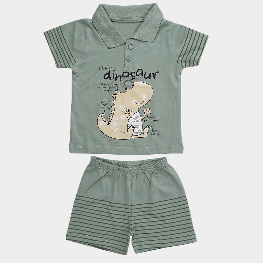 Infants' Green Cotton Polo Neck Dinosaur Printed Baba Suit, Light Green, large