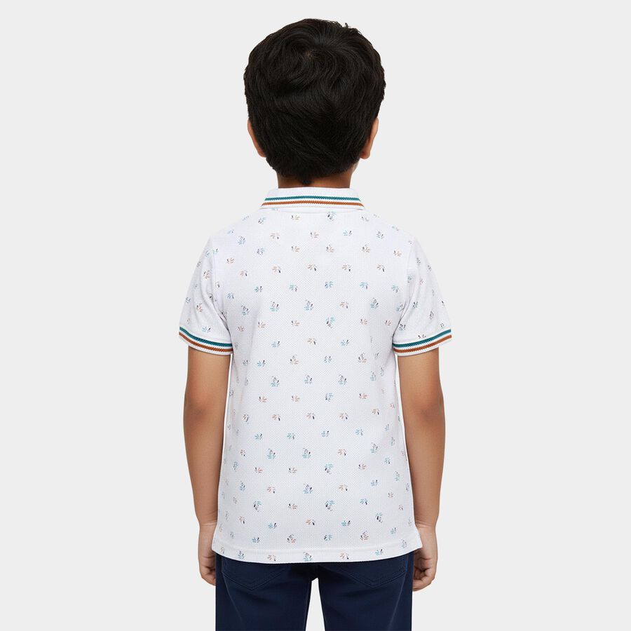 Boys' White Cotton Polo Collar Printed T-Shirt, सफ़ेद, large
