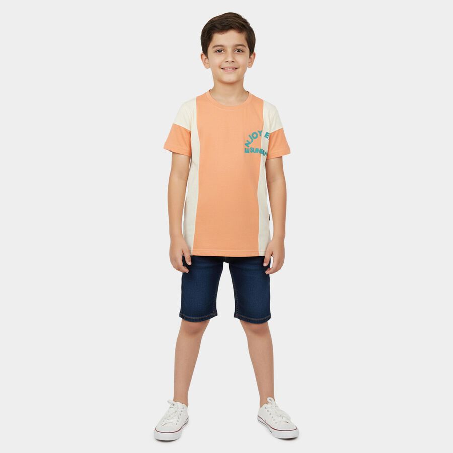 Boys Orange Cotton Round Neck Casual Half Sleeve T-Shirt, Orange, large