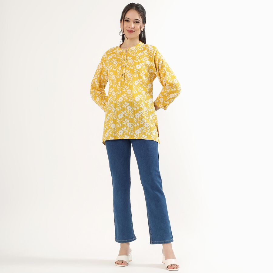 Women's Yellow Mandarin Collar Floral Printed Kurti, मस्टर्ड, large image number null