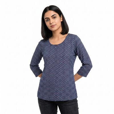 Women's Navy Blue Round Neck Printed Kurti