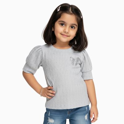 Girls Light Grey Round Neck Puff Sleeve T-Shirt