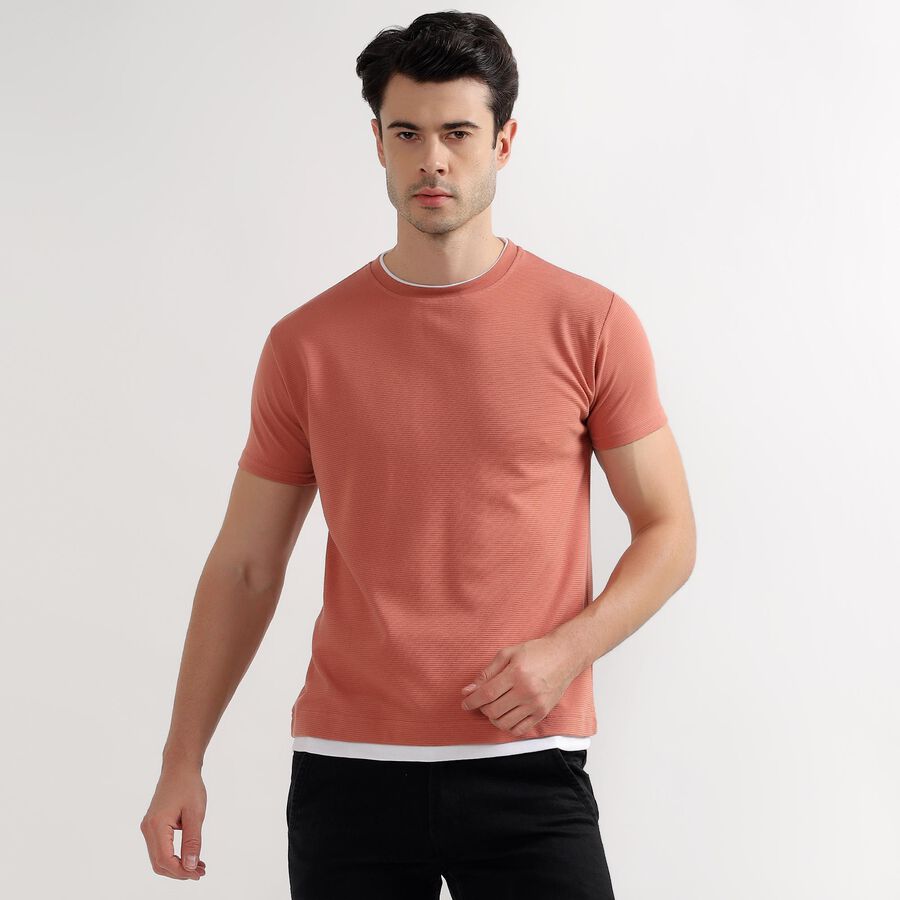 Men's Muted Coral Round Neck Textured T-Shirt, Coral, large image number null