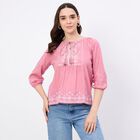 Women's Bright Fuchsia Pink Cotton High Neck Romantic Top, Pink, small