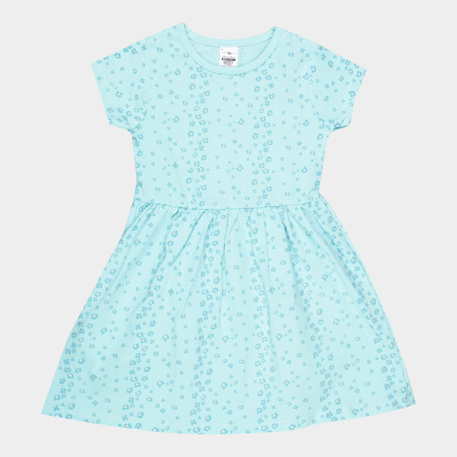 Girls Cotton Printed Frock, Aqua, large image number null