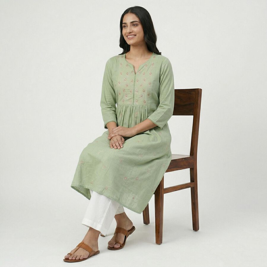 Women's Green Cotton Casual Kurta, Light Green, large