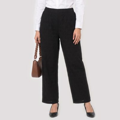 Women's Black Straight Fit Eyelet Trousers