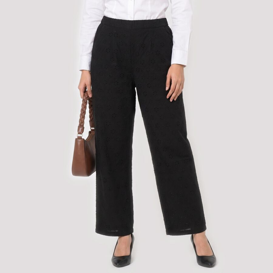 Women's Black Straight Fit Eyelet Trousers, Black, large
